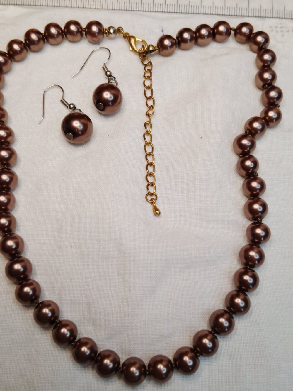Chocolate Brown Faux Pearl Necklace & Earring Set • Hand‑Knotted • 16"+3"